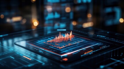 Aufkleber - Close-up of futuristic transparent tablet displaying dynamic orange-red line graph amid glowing blue circuitry and blurred data visualizations background