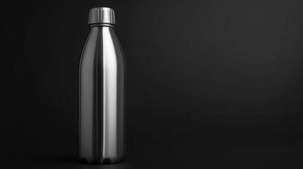 Poster - A brushed silver insulated bottle standing on a black matte background. Sleek and elegant concept with copy space.
