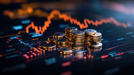 Poster - Stacks of gold coins with dollar signs sit on a digital display showing a fluctuating stock market graph representing wealth and financial growth strategies