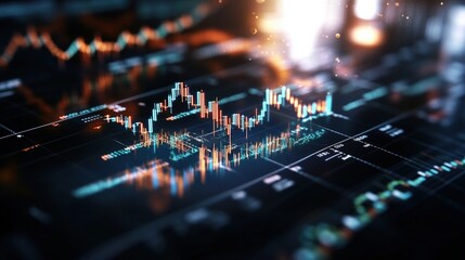 Poster - Close-Up View of Dynamic 3D Stock Market Graphs in Teal and Orange Colors on Digital Screen Overlaid on Data Grid with Blurred Glowing Background