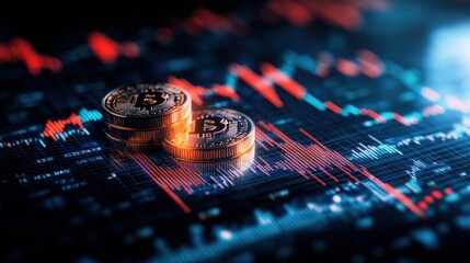 Poster - Two Bitcoin coins on an illuminated display showcasing a dynamic cryptocurrency market graph with fluctuating trends and vibrant digital visuals today
