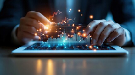 Poster - Close-up of Hands Interacting with Tablet Featu Dynamic Holographic Stock Market Graph Illustrating Data Visualization and Tech Advancements Today
