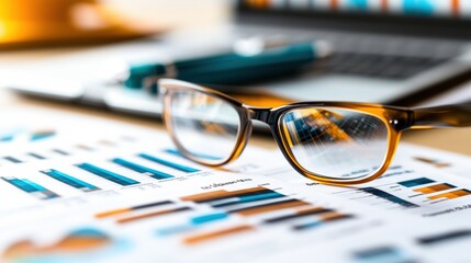 Poster - Tortoise Eyeglasses on Financial Documents with Graphs and Laptop in Background for Business, Finance, and Professional Contexts of Analysis 150 characters