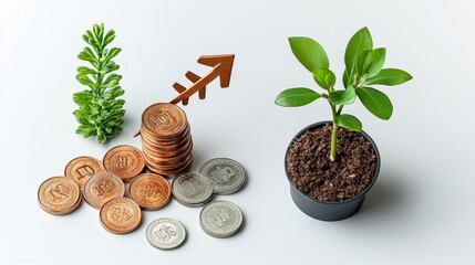 Poster - Wooden Arrow Symbolizing Financial Growth and Prosperity on Japanese Yen Coins with Small Potted Plants Representing Investment Success and Wealth Management