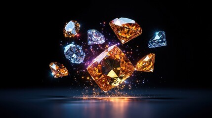 Poster - A cluster of sparkling diamonds and gemstones in shades of gold and white hove against a dark background filled with shimme light particles
