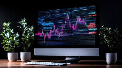 Poster - Close-up of a computer monitor showcasing a stock market graph on a dark wooden desk with potted plants and a visible keyboard in a modern workspace