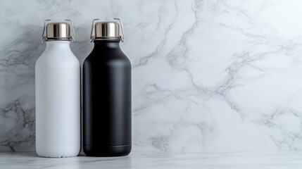 Poster - A pair of insulated bottles, one black and one white, positioned artistically on a white marble surface. Elegant contrast with copy space.