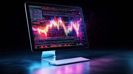 Poster - Modern computer monitor displaying vibrant dynamic stock market graph with colorful data streams on reflective dark surface with neon blue pink lighting
