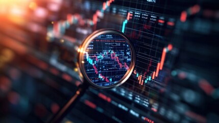 Poster - A Magnifying Glass Highlights a Downward Trend in Fluctuating Stock Market Graphs Displayed on a Digital Screen Showing Complex Financial Data Analysis
