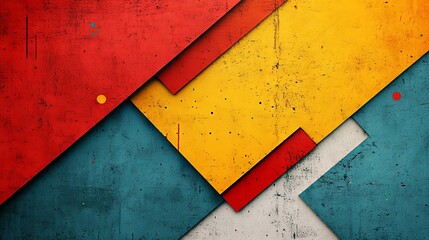 Poster - Geometric abstract background with layered textured panels in red, yellow, blue, and white. Modern industrial design with grunge details, perfect for creative projects, wallpapers, and graphic design.