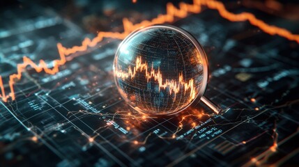 Poster - Crystal Sphere Magnifying Downward Trending Graph on Complex Circuit Board Symbolizing Global Market Volatility and Economic Downturn Risks in 2023