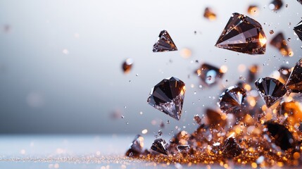 Poster - A dynamic burst of dark glitte diamonds suspended in mid-air settling on a sparkling surface against a soft gray background for luxury themes