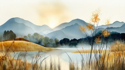 Wall Mural - hazy countryside morning with rolling hills and golden light breaking through, painted in a delicate