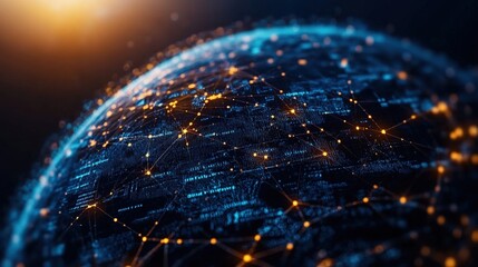 Aufkleber - A stylized digital rende of Earth as a globe showcasing an intricate network of glowing blue and orange lines depicting global data interconnectedness