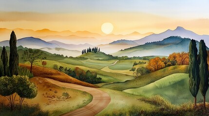 Wall Mural - hazy countryside morning with rolling hills and golden light breaking through, painted in a delicate