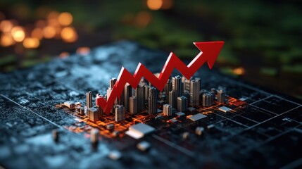 Poster - A vibrant red upward arrow symbolizes economic growth soa above a miniature cityscape built on a circuit board amidst fire and chaos, innovation awaits