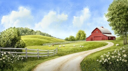 Wall Mural - idyllic countryside farm scene, rolling green hills and a rustic red barn painted in delicate waterc