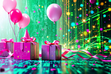 Wall Mural - festive gifts, balloons, party hat, and confetti create a celebratory scene against a vibrant green 