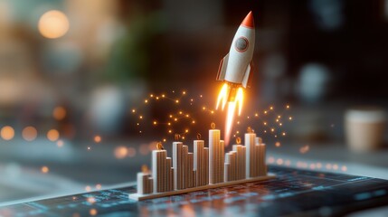 Poster - Small rocket ship launching upward from a bar graph on a digital device representing rapid business growth, success, and innovative technology advancement
