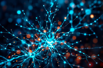 Poster - Abstract network of glowing blue lines connecting points, resembling neural connections. Vibrant bokeh lights create a dynamic backdrop.