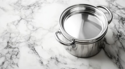 Poster - A sleek and stylish thermal food container with a spill-proof lid, placed on a marble surface with soft natural lighting. Copy space.
