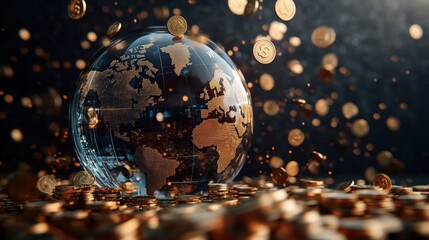 Poster - A Glorious Glass Globe of Earth Resting on a Bountiful Pile of Gold Coins with More Coins Cascading Down Suggesting Wealth and Global Finance Dynamics