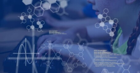 Poster - Child typing on keyboard with digital hexagon and data overlay animation