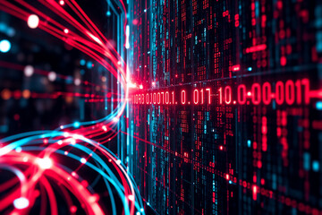 Aufkleber - Abstract digital data streams flow in red and blue hues against a dark backdrop, representing complex information processing and futuristic technology.