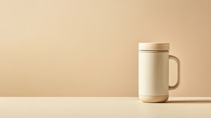 Poster - A travel-friendly vacuum-insulated mug with a handle, placed on a neutral background. Functional and stylish with copy space.
