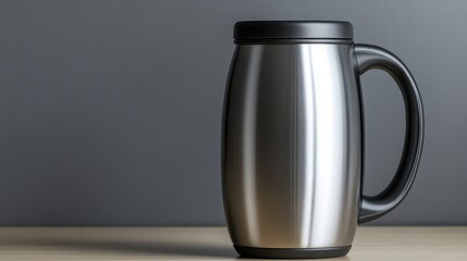 Poster - A travel-friendly vacuum-insulated mug with a handle, placed on a neutral background. Functional and stylish with copy space.