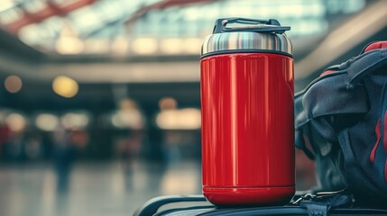 Poster - A travel tumbler with a glossy finish placed on a suitcase handle, ready for an adventure. Travel concept with copy space.