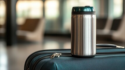 Poster - A travel tumbler with a glossy finish placed on a suitcase handle, ready for an adventure. Travel concept with copy space.