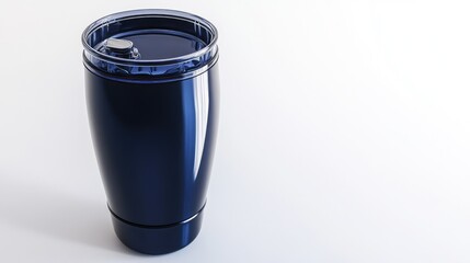 Poster - A vacuum-sealed tumbler with a glossy finish, lying diagonally on a white background with soft shadows. Elegant and clean with copy space.