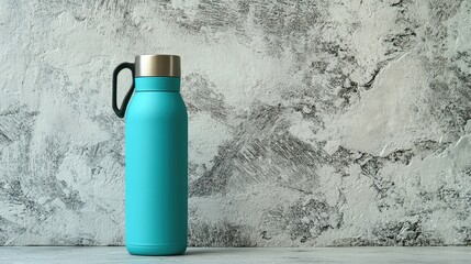 Poster - A vibrant blue thermal bottle with a durable handle, standing against a textured concrete background. Bold and stylish with copy space.