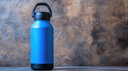 Poster - A vibrant blue thermal bottle with a durable handle, standing against a textured concrete background. Bold and stylish with copy space.