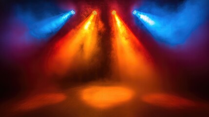 Poster - A vibrant, colorful stage lighting setup with beams of light cutting through fog, creating a dramatic effect with copy space.