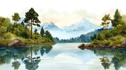 Wall Mural - peaceful lake scene with crystal-clear reflections of pine trees and distant snow-capped mountains i