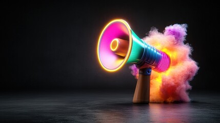 Poster - A vibrant multicolored mehone with neon glowing accents emitting a burst of colorful smoke against a dark background creating dynamic energy