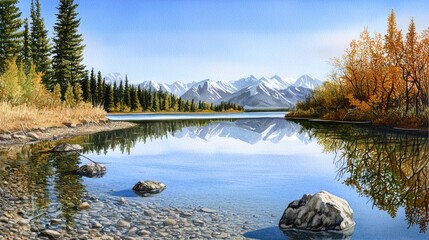 Wall Mural - peaceful lake scene with crystal-clear reflections of pine trees and distant snow-capped mountains i