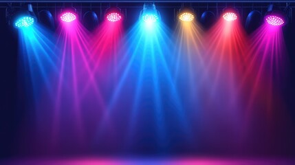 Poster - Bright beams of stage lighting creating an abstract design, with colorful effects and space above for text.