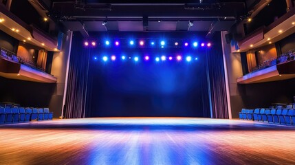 Poster - Bright stage lights arranged in a symmetrical pattern, casting a colorful glow on an empty stage with ample copy space.