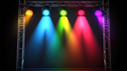 Poster - Bright stage lights positioned on scaffolding, casting colorful rays of light downwards with space above for text.