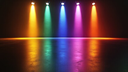 Poster - Colorful stage lights creating a colorful glow and reflections on the floor with space above for copy.