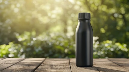 Poster - Matte black thermal bottle placed on a wooden table with natural light and blurred background. Minimalist and clean concept with copy space.