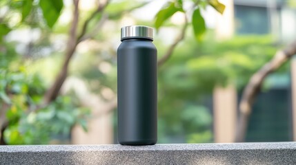 Poster - Reusable metal insulated bottle with a powder-coated finish placed on a concrete ledge with a blurred urban background. Copy space.