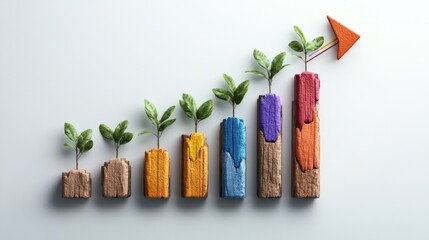 Poster - A Colorful Bar Graph of Wooden Blocks with Growing Plants Converging to an Orange Paper Airplane Symbolizing Growth and Progress in Business Ventures