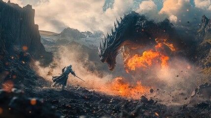 a close up of a dragon attacking a man with a sword