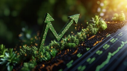 Poster - Vibrant green upward-trending double arrow textured like foliage rises from lush greenery on a dark graph symbolizing growth and potential in business