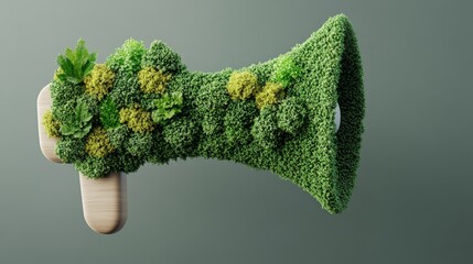Poster - Three-dimensional rende of a moss-covered mehone with wooden handle on muted green background showcasing nature?s beautiful growth and harmony in design