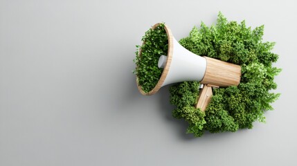 Poster - A white wooden mehone gently led in vibrant lush green foliage, partially obscured by nature, creating a harmonious blend with a gray backdrop.
